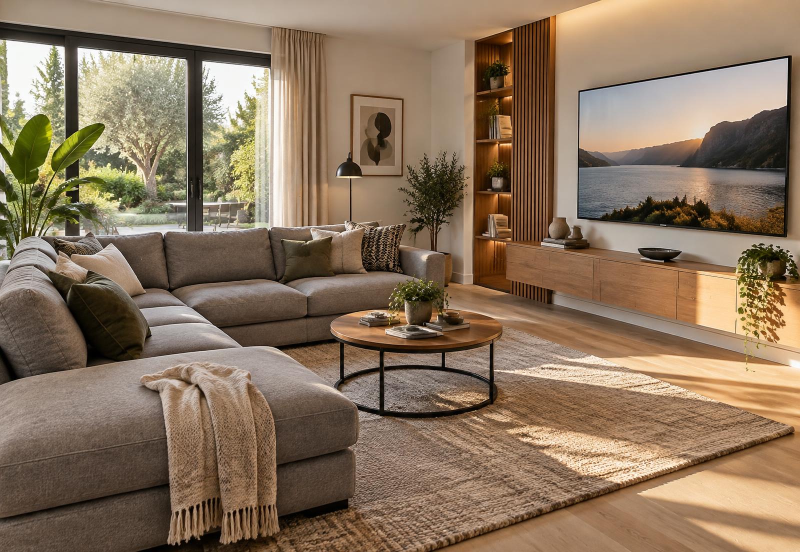 Bright living room with a new sofa and TV